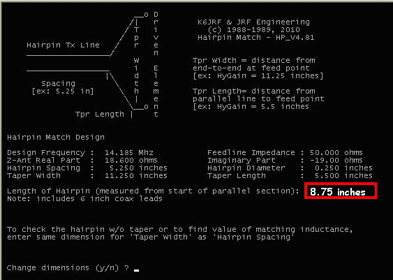 Final Screen shot showing results of parameters entry