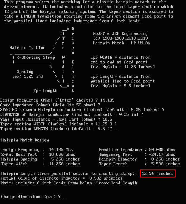 Opening Screen shot showing parameters being entered