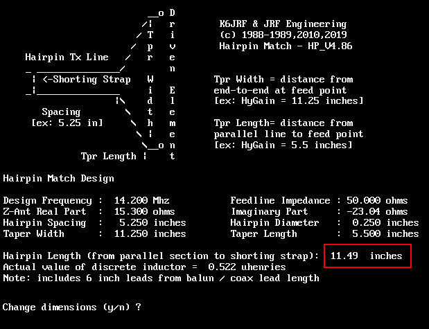 HP4 Matching Program screen shot showing hairpin parameters and results