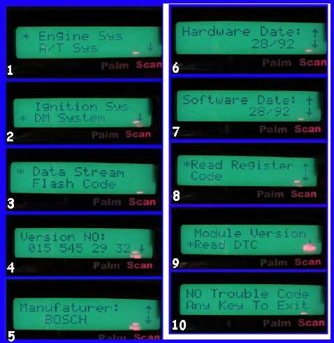 Palm Scanner results of scan test on '94 S500, W140 chassis via 38pin DIAG connector (X11/4)